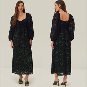 NWT Farm Rio Black Lace Long Sleeve Midi Dress Tasseled Sweetheart Neck Size M